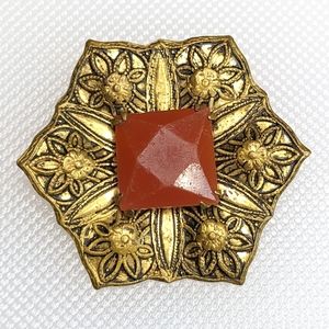 Vintage / Antique Brooch Amber Colored Plastic Stone Gold Filled Gold Tone